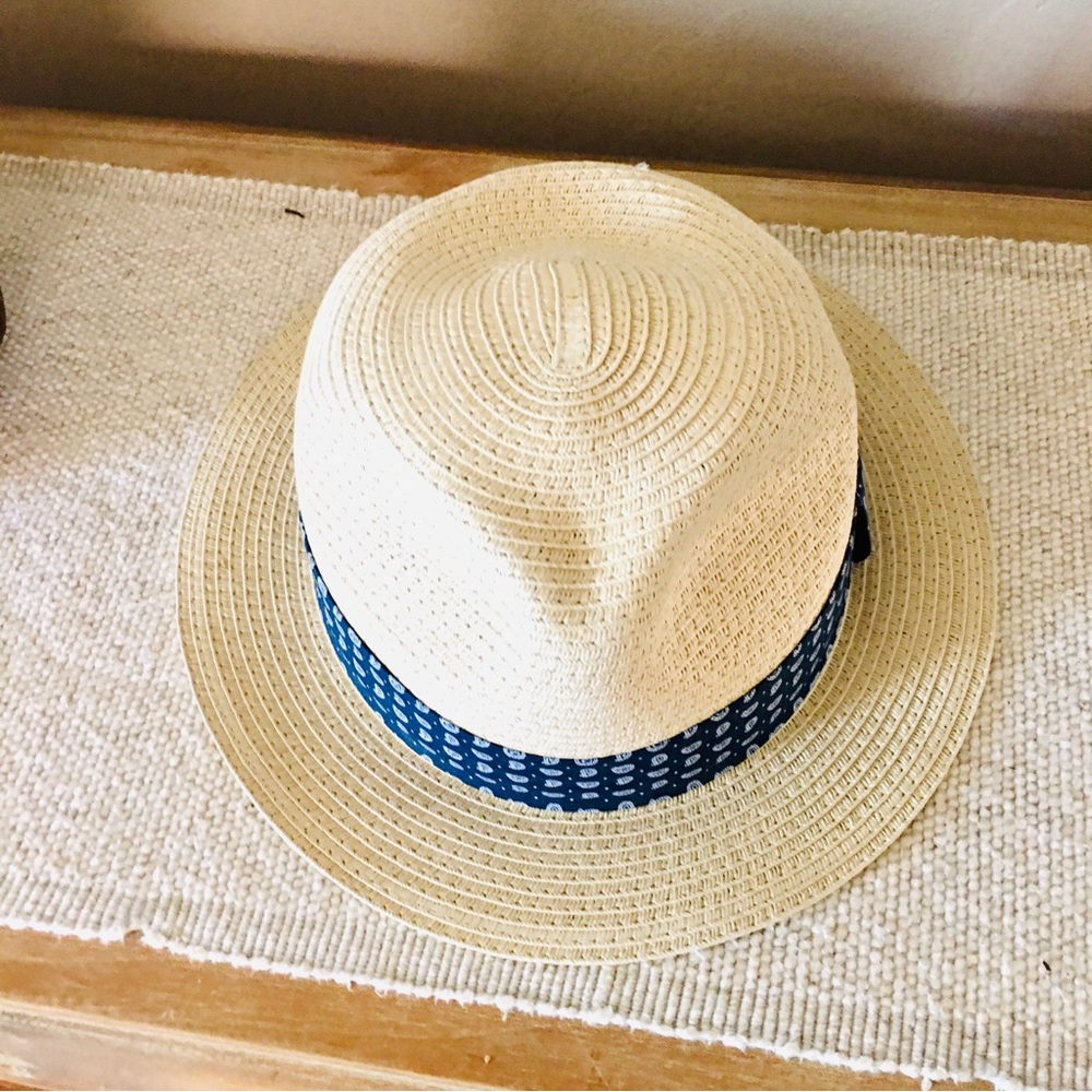 J Crew straw sun hat tan blue boho beach preppy summer bohemian - Picture 5 of 7